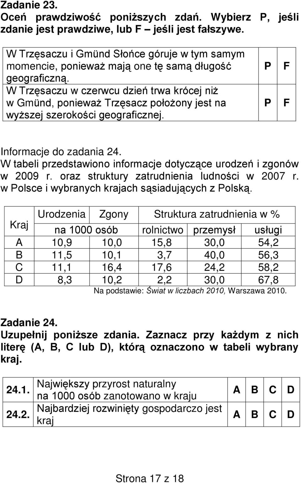 w Urodzenia Zgony Struktura zatrudnienia w % Kraj rolnictwo A 10,9 10,0 15,8 30,0 54,2 B 11,5 10,1 3,7 40,0