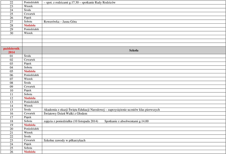 03 Piątek 04 Sobota 05 Niedziela 06 Poniedziałek 07 Wtorek 08 Środa 09 Czwartek 10 Piątek 11 Sobota 12 Niedziela 13 Poniedziałek 14 Wtorek 15 Środa Akademia z okazji Święta