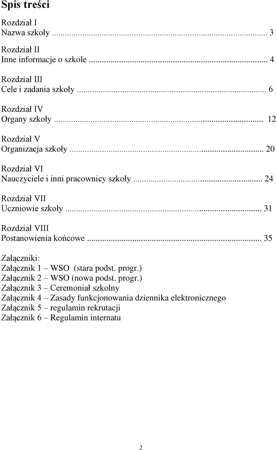 .. 24 Rozdział VII Uczniowie szkoły... 31 Rozdział VIII Postanowienia końcowe... 35 Załączniki: Załącznik 1 WSO (stara podst. progr.