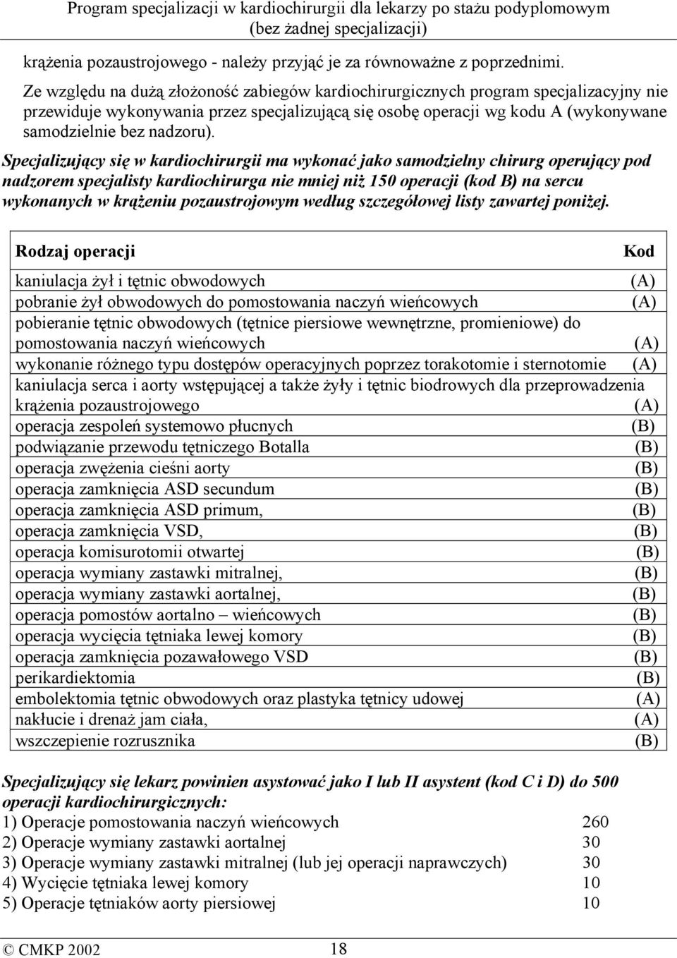 Specjalizujący się w kardiochirurgii ma wykonać jako samodzielny chirurg operujący pod nadzorem specjalisty kardiochirurga nie mniej niż 150 operacji (kod B) na sercu wykonanych w krążeniu