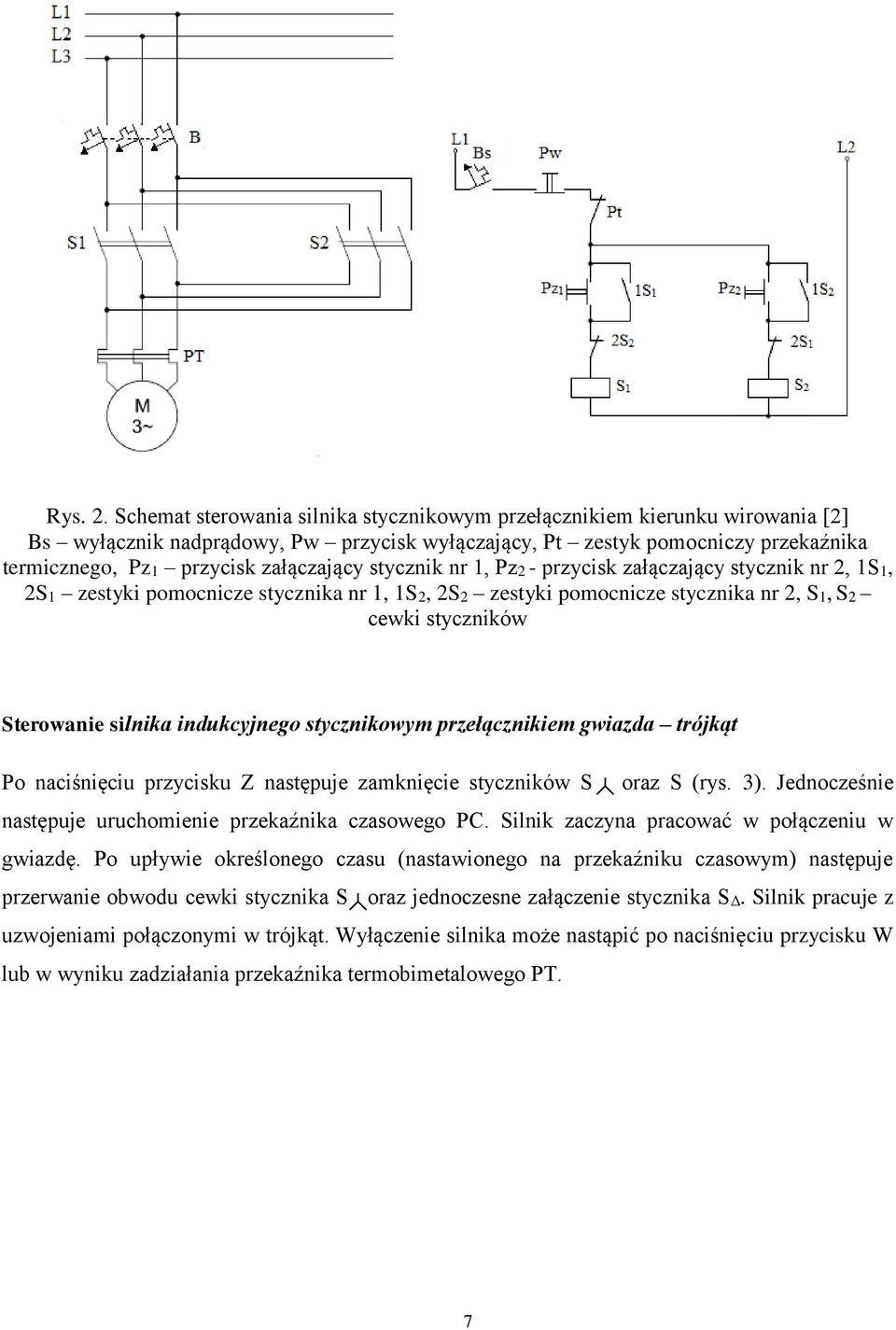 stycznik nr 1, Pz2 - przycisk załączający stycznik nr 2, 1S1, 2S1 zestyki pomocnicze stycznika nr 1, 1S2, 2S2 zestyki pomocnicze stycznika nr 2, S1, S2 cewki styczników Sterowanie silnika