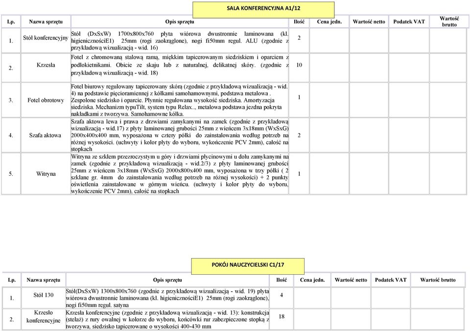 Obicie ze skaju lub z naturalnej, delikatnej skóry. (zgodnie z przykładową wizualizacją - wid. 8) 0 3. Fotel obrotowy 4. Szafa aktowa 5.