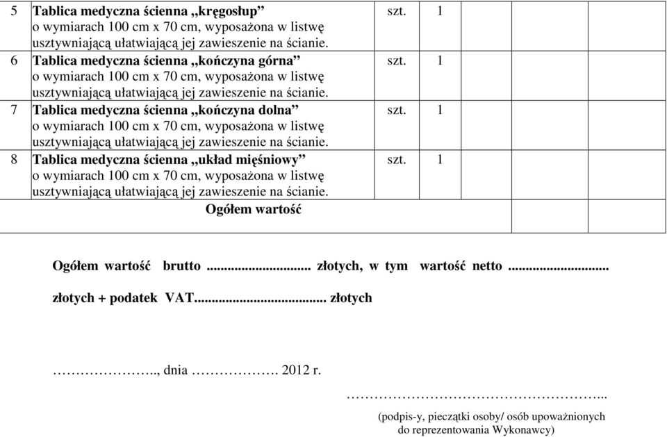 Ogółem wartość brutto... złotych, w tym wartość netto... złotych + podatek VAT... złotych.., dnia.