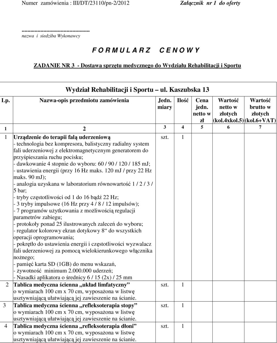 Nazwa-opis przedmiotu zamówienia Jedn. miary Ilość Cena jedn. netto w Wartość netto w złotych Wartość brutto w złotych zł (kol.4xkol.5) (kol.