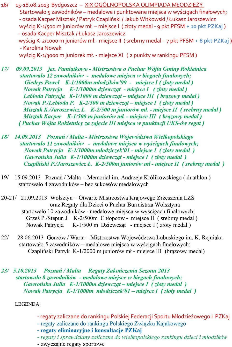 Jaroszewicz wyścig K-1/500 m juniorów mł. miejsce I ( złoty medal - 9 pkt PFSM + 10 pkt PZKaj ) - osada Kacper Misztak / Łukasz Jaroszewicz wyścig K-2/1000 m juniorów mł.