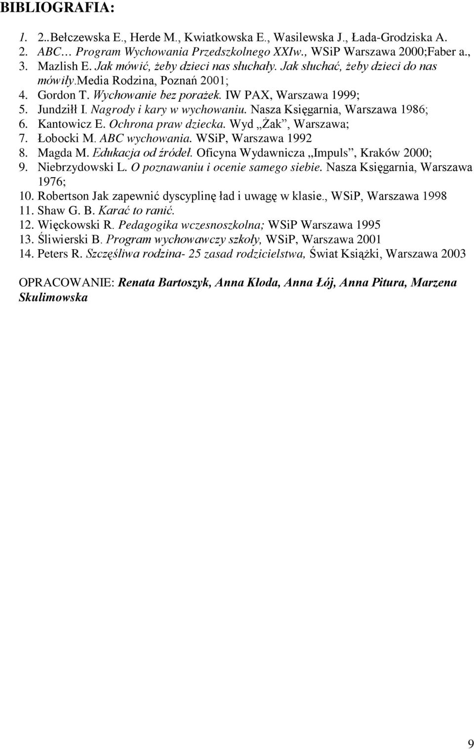 Nagrody i kary w wychowaniu. Nasza Księgarnia, Warszawa 1986; 6. Kantowicz E. Ochrona praw dziecka. Wyd śak, Warszawa; 7. Łobocki M. ABC wychowania. WSiP, Warszawa 1992 8. Magda M. Edukacja od źródeł.