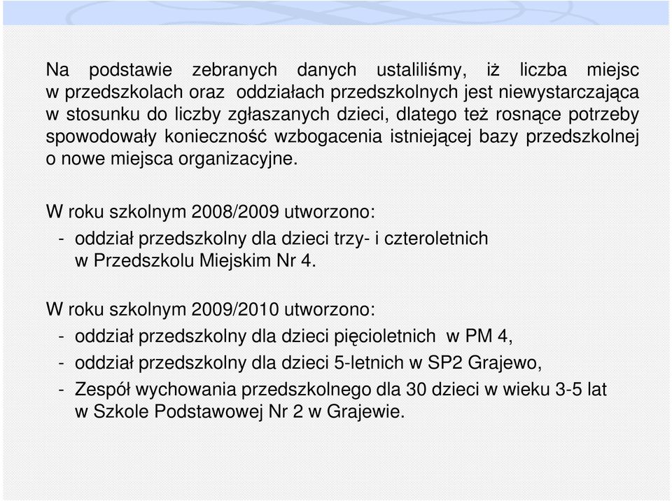 W roku szkolnym 2008/2009 utworzono: - oddział przedszkolny dla dzieci trzy- i czteroletnich w Przedszkolu Miejskim Nr 4.