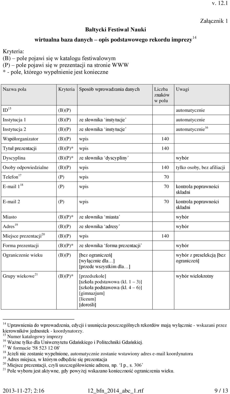 (B)(P) ze słwnika instytucje autmatycznie 16 Współrganizatr (B)(P) wpis 140 Tytuł prezentacji (B)(P)* wpis 140 Dyscyplina (B)(P)* ze słwnika dyscypliny wybór Osby dpwiedzialne (B)(P) wpis 140 tylk