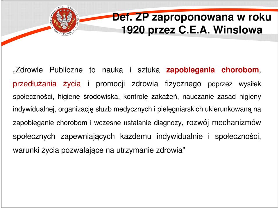 wysiłek społeczności, higienę środowiska, kontrolę zakażeń, nauczanie zasad higieny indywidualnej, organizację służb medycznych i