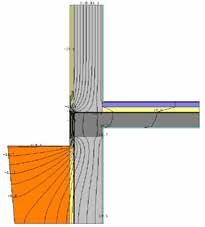 DETAL 3 Połączenie ściany zewnętrznej ze stropem nad piwnicą ogrzewaną. Ściana przyziemia ocieplona. Tablica 6.3. Obliczone parametry cieplno-wilgotnościowe ściany.