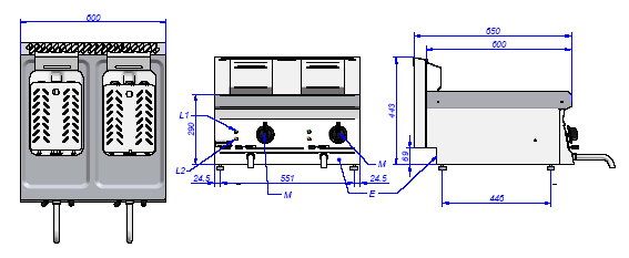 Wymiary FE6-05 M: Mando del termostato L1: Lámpara verde L2: Lámpara ambar E: Conexión eléctrica M: Termostat L1: Kontrolka zielona L2: Kontrolka bursztynowa E: Połączenia