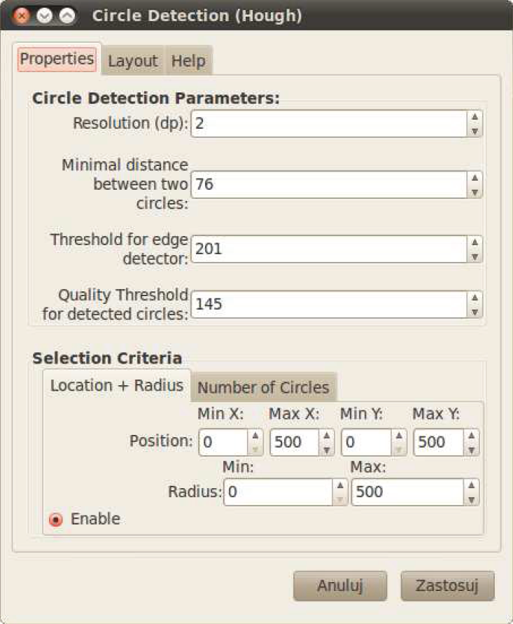 Parametry dla detektora okręgów J.