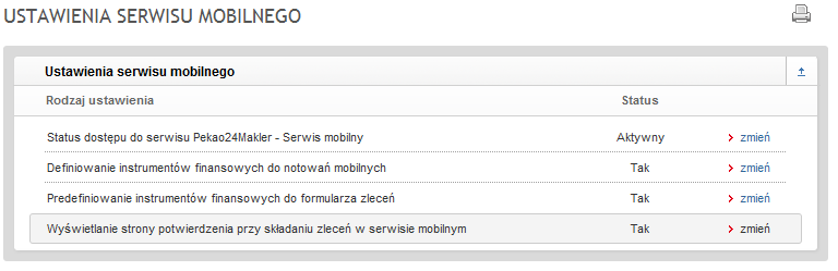 10 - Ustawienia serwisu mobilnego Wyszukiwanie nazwy instrumentu w sekcji Predefiniowanie instrumentów do formularza zleceń dopisanie bądź usunięcie instrumentu finansowego do/z Listy instrumentów