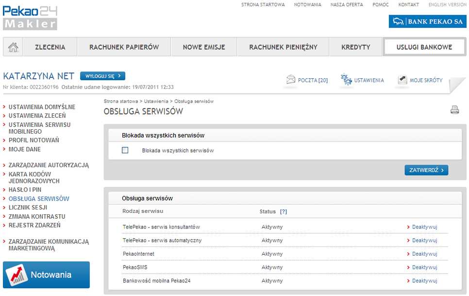 3.9. Obsługa serwisów Strona Obsługa serwisów (Rys. 3.29) umoŝliwia definiowanie dostępności poszczególnych serwisów Pekao24 i Pekao24Makler, jak równieŝ zablokowanie całej usługi.