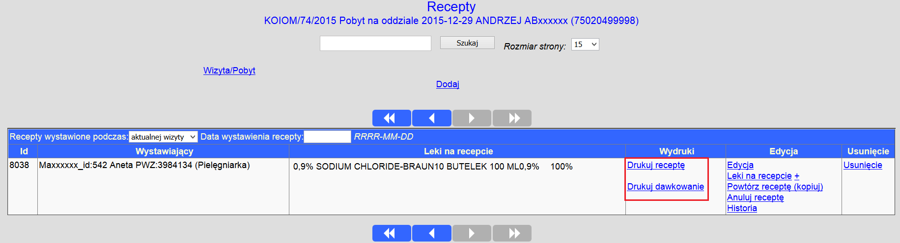 Rys. 15 Fragment kodu pliku jsp W przypadku jeśli pielęgniarka ma wgraną tylko zwykłą pulę recept gdzie cyfra 21 wynosi 5 i przy dodawaniu recept zaznaczy chekboxa 'Kontynuacja recepty na zlecenie