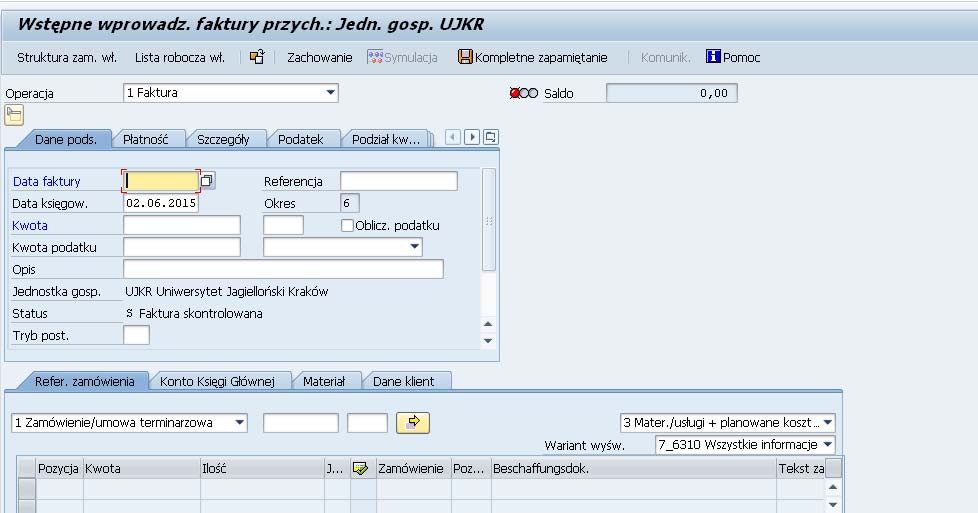 SAP Easy Access 4. Wypełnij poniższe pola w odpowiedni sposób: Data faktury R Data wystawienia faktury odczytaj dane z otrzymanej faktury.