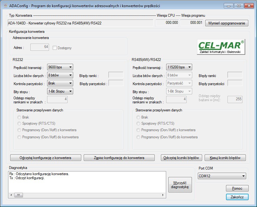 Rys 10. Widok interfejsu programu ADAConfig.. DIAGNOSTYKA TRANSMISJI DANYCH W celu odczytania diagnostyk należy ustawić sekcje mikro przełącznika SW1 do pracy w trybie konfiguracji (patrz punkt.1.1).