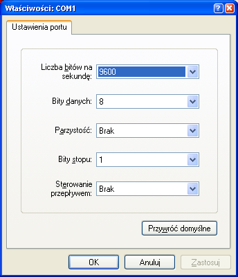 - 8 bitów danych - Brak bitu parzystości - Jeden bit stopu - Sterowanie przepływem wyłączone Przykładowa konfiguracja dla systemowego programu HeperTerminal widoczna jest na rysunku Rys. 6.