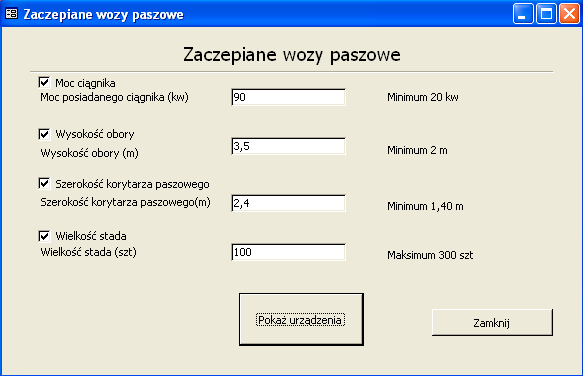 Andrzej Marczuk Po uruchomieniu bazy danych można dokonać wyboru ciągnikowych wozów paszowych.