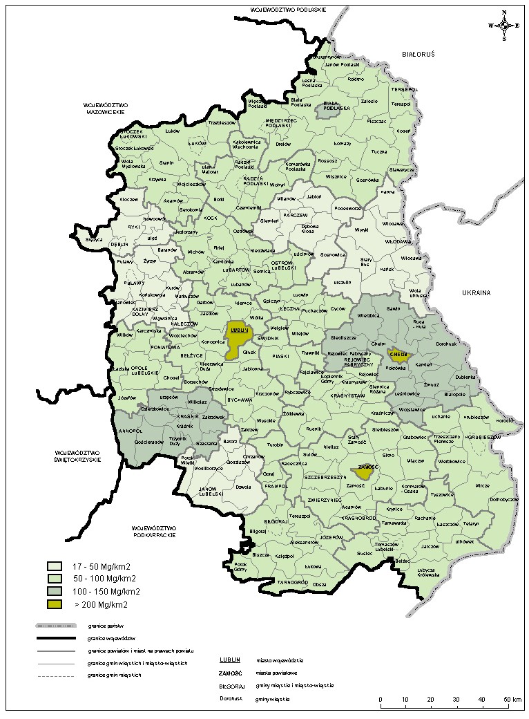 Wskaźnik nagromadzenia wyrobów zawierających azbest na terenie lubelskiego w układzie