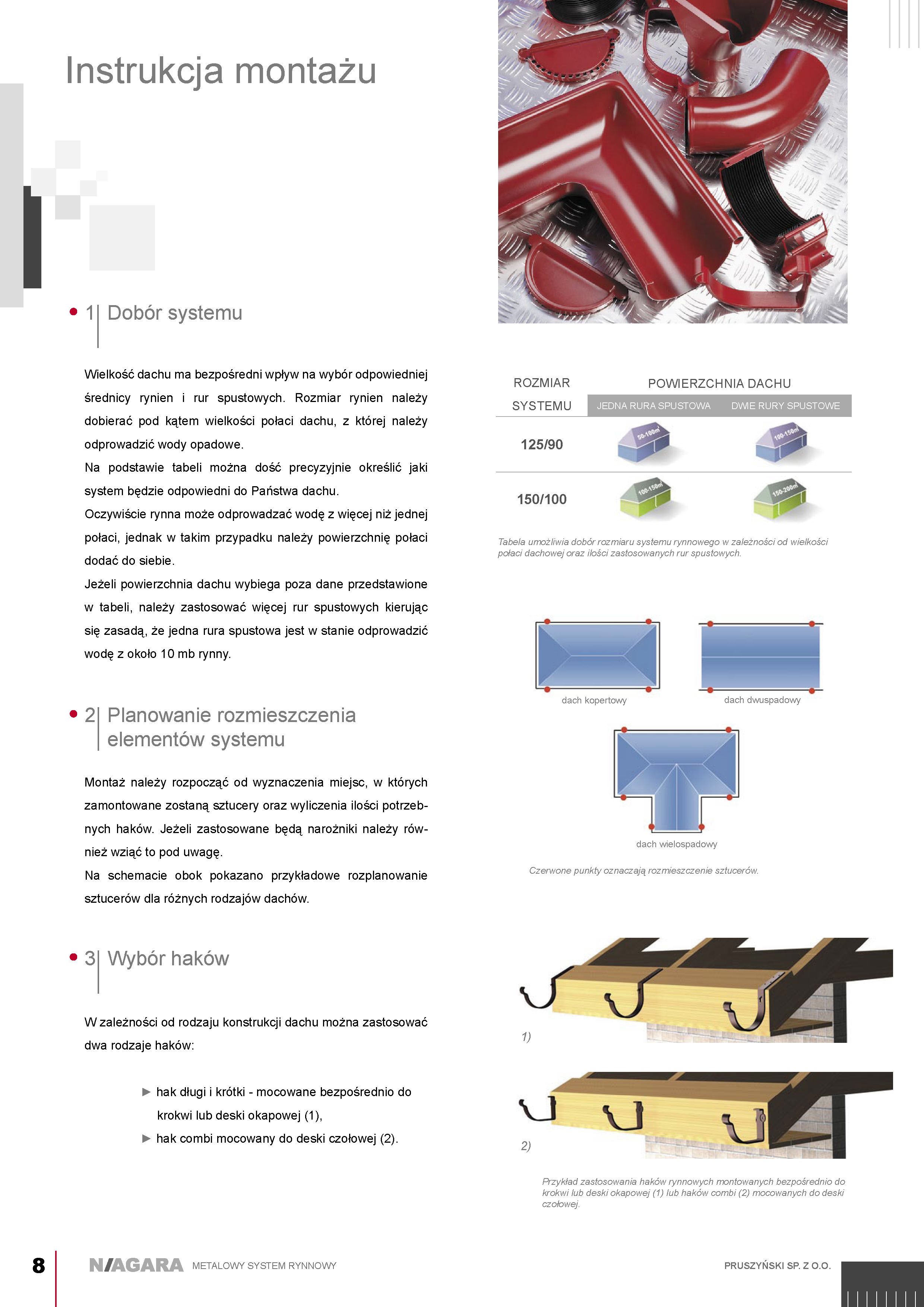 Instrukcja montażu 1 Dobór systemu Wielkość dachu ma bezpośredni wpływ na wybór odpowiedniej średnicy rynien i rur spustowych.