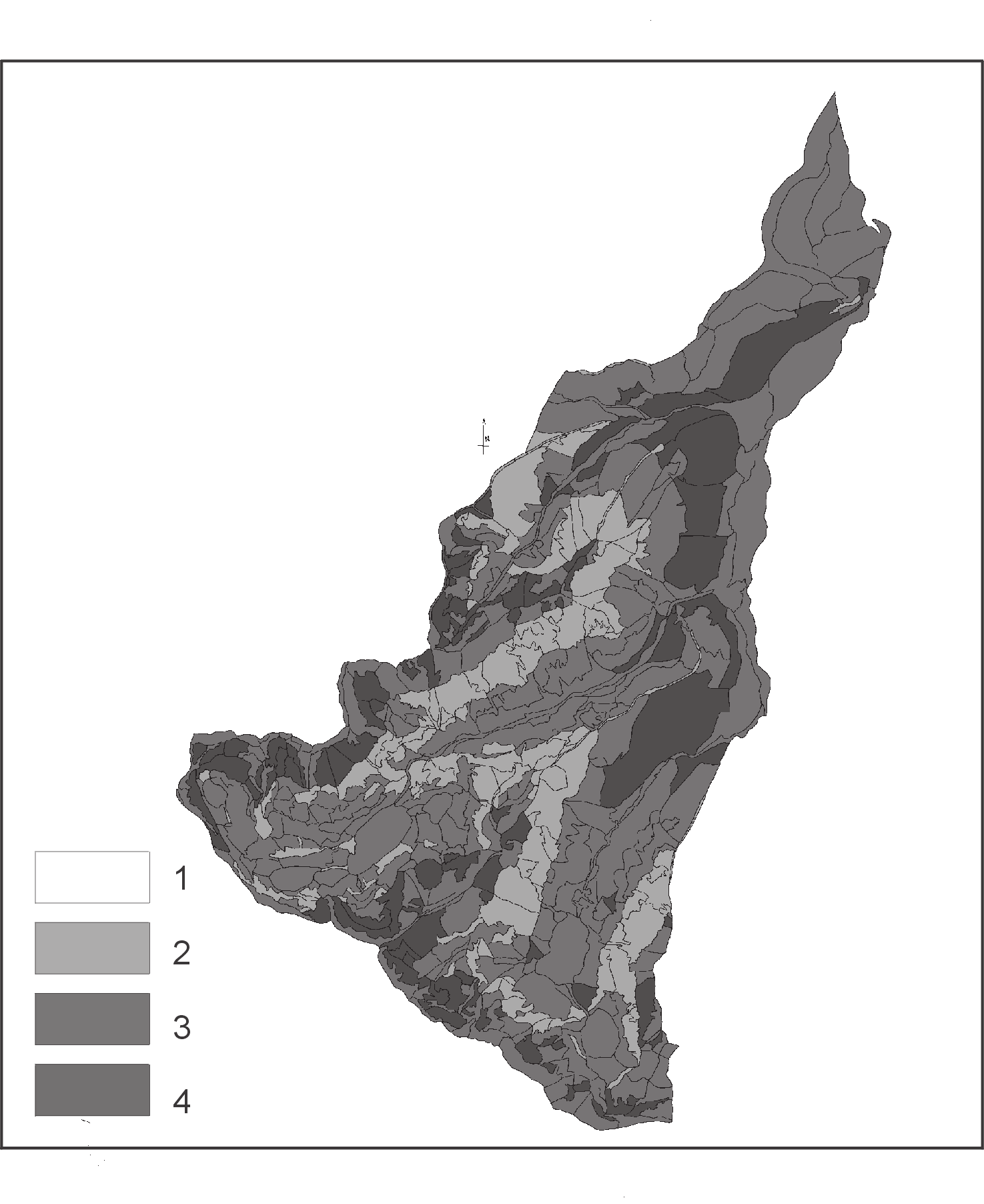 Ryc. 1. Podatność geosystemów Doliny Białki na oddziaływanie turystyki pieszej letniej Fig. 1. Vulnerability of Białka Valley geosystems to the influence of the summertime hiking Objaśnienia: 1 brak, 2 mała, 3- średnia, 4 duża.