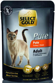 SELECT GOLD Pure trzy doskonałe źródła białka. Prawdziwa jakość premium bez kompromisów. Karma SELECT GOLD Pure jest idealna dla dorosłych, wrażliwych na pokarm kotów od ok. 13. miesiąca życia.