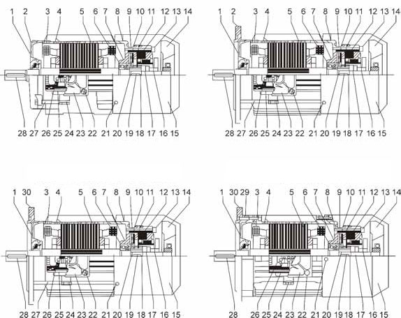 HAMULEC - BUDOWA SILNIKI Z HAMULCEM Łożysko Bearing Kołnierz Flange Radiator Radiator Korpus Frame Wirnik Rotor Łożysko Bearing Sprężyna Spring 9 Szczotka Adjusting brush Brake disc Sprzęgło Zaczep