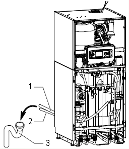 Instalacja Układ odprowadzania kondensatu Uwaga! Sprawdzić czy zbiornik ustawiony jest w dobrym kierunku (etykieta przeklejona na odprowadzeniu kondensatu pokazuje kierunek montażu).