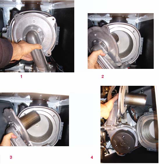 Obsługa bieżąca i konserwacja Demontaż / montaż zespołu hydraulicznego: Odłączyć bezpiecznik termiczny (1) na wymienniku ciepła. Odkręcić 4 nakrętki (2).