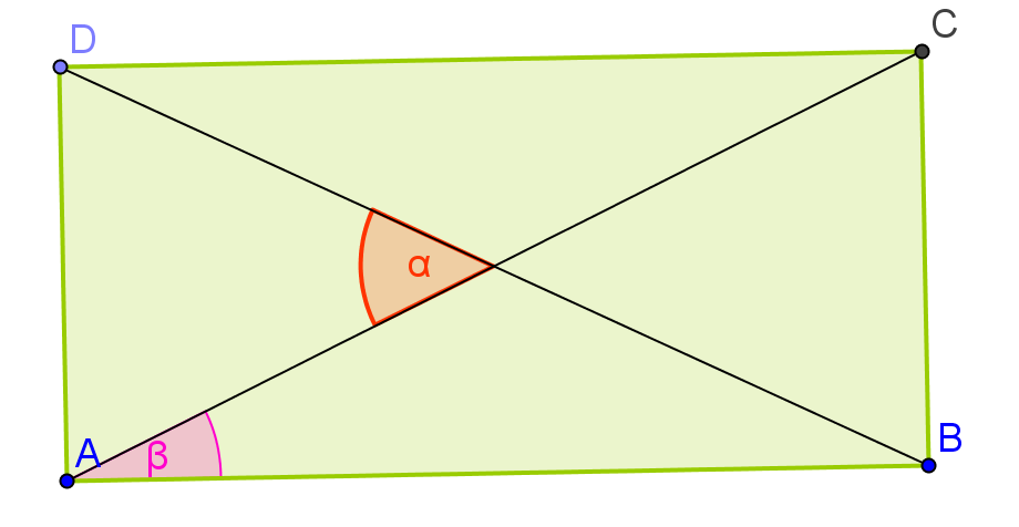 7) Udowodnij, że kąt ostry wyznaczony przez przekątne prostokąta ma miarę dwa razy większą od miary kąta, który tworzy przekątna z dłuższym bokiem prostokąta.