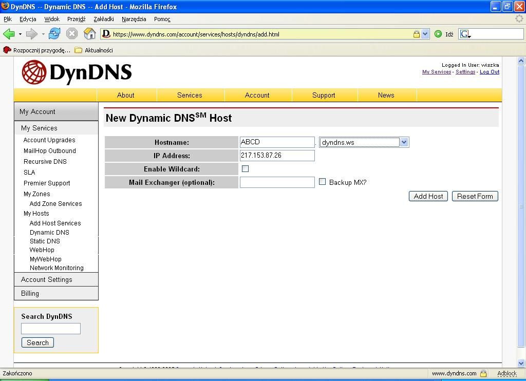 Po wybraniu opcji ADD A HOST pojawi się następujący ekran: W pozycji HOSTNAME należy wpisać dowolną nazwę np.: ABCD a po prawej stronie (tu gdzie widać dyndns.