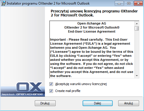 Kolejne kroki instalacji Instalacja OXtendera 2 dla Microsoft Outlooka 1. Rozpoczęcie instalacji Aby rozpocząć instalację, należy kliknąć dwukrotnie na pliku.exe instalatora. 2. Akceptacja licencji a.