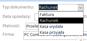 Główne moduł Faktury Elementy dokumentu sprzedaży: Typ dokumentu zdefiniowana lista wyboru dokumentów, lista jest zdefiniowane jako źródło