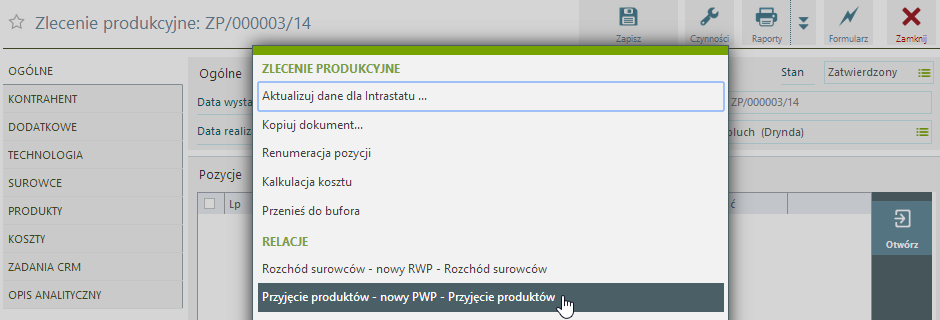 Jeśli dokument jest generowany z poziomu listy albo z zakładki Ogólne formularza, będzie zawierał wszystkie niezrealizowane pozycje w pełnej ilości pozostającej do realizacji.