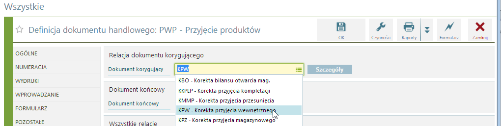 Czynność Korekta wartości przyjęcia Aby skorzystać z tej funkcjonalności, należy w konfiguracji odblokować korektę do PW (KPW), a następnie przypisać ją jako korektę w definicji PWP.