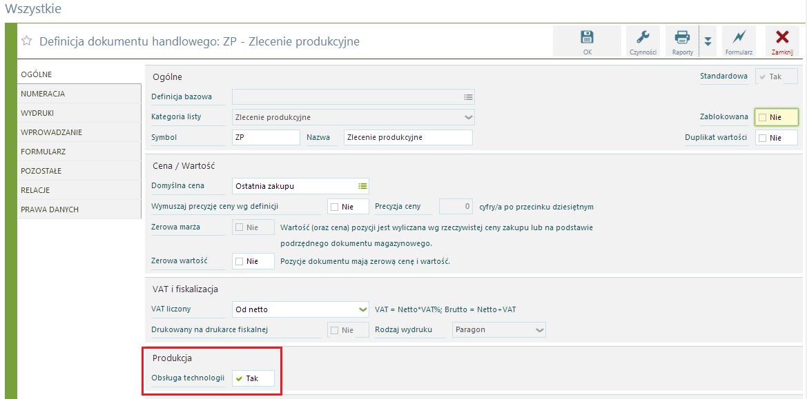 Lista zamówień z informacją o realizacji produkcji Konfiguracja Definicja dokumentu Funkcjonalność zlecenia produkcyjnego polegającą na obsłudze technologii i jej powiązaniu z pozycjami dokumentu