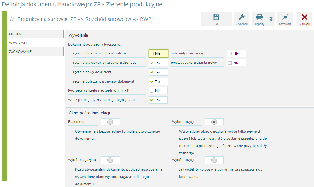 Nowe rodzaje relacji charakteryzują się specyficznym działaniem: pozycje dokumentu podrzędnego (generowanego) powstają z pozycji technologii powiązanej z dokumentem nadrzędnym, a nie z pozycji tego