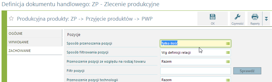 Relacja generowania ZP z ZO Cena przyjęcia produktów Moduł pozwala na przyjmowanie produktów w cenach ewidencyjnych, czyli kalkulowanych okresowo, albo w cenach rzeczywistych, czyli obliczonych