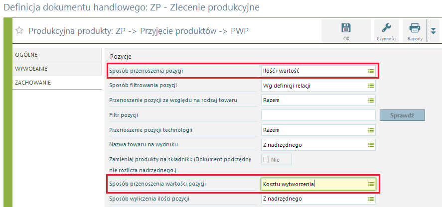 Parametry relacji ZP->PWP w przypadku przyjmowania produktów w cenach rzeczywistych Przyjmowanie produktów w cenach rzeczywistych wymaga zarejestrowania