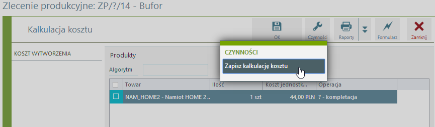 Kalkulacja kosztu wytworzenia produktu Na liście prezentowane są produkty z jednostkowym kosztem wytworzenia (przypadającym na jednostkę produktu).