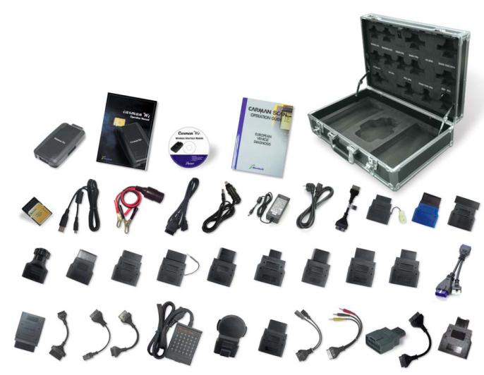 ZESTAW STANDARD ZAWIERA Tester Carman Wi Kompletny zestaw adapterów do samochodów azjatyckich Wysokiej jakości aluminiowa walizka 16-pinowy kabel diagnostyczny Płyta CD z instrukcją obsługi,