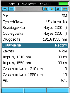 Tryby pomiarowe ODTR: Funkcje wyświetlania Widok nastaw pomiaru Symbol baterii - podłączona do ładowarki/zasilacza AC Zakładka Menu Główne Zakładki Nastawy Pomiaru Zakładka Wstecz Widok wykresu