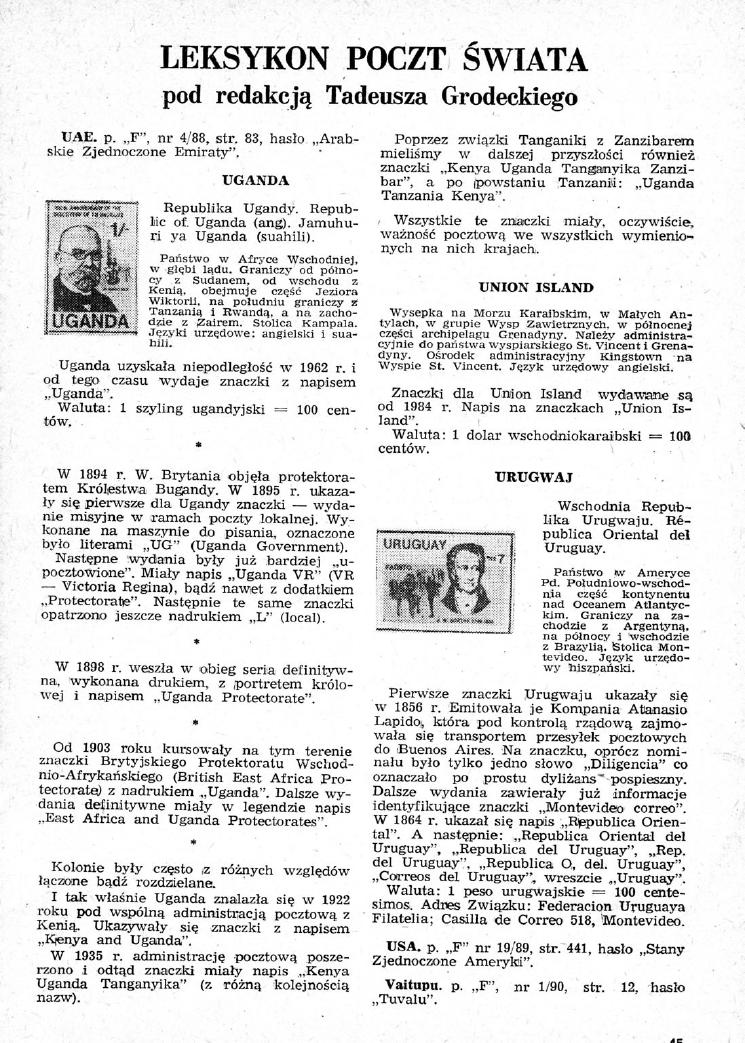 LEKSYKON POCZT ŚWIATA pod redakcją Tadeusza Grodeckiego UAE. p. F. nr 4/88, str. 83, hasło,,arabskie Zjednoczone Emiraty", UGANDA Republika Ugandy. Republic ot Uganda (ang).