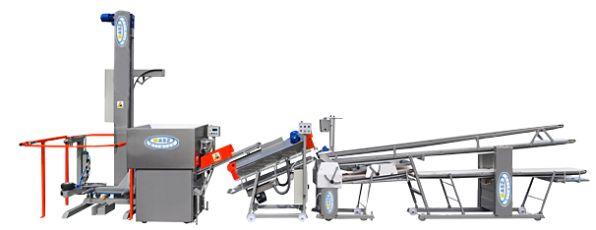 WARIANT V Sześcioprocesowa linia do chleba z opróżnianiem dzieży, mechanicznym podziałem ciasta, zaokrąglaniem na zaokrąglarce dwutaśmowej, wydłużaniu kęsów ciasta oraz odbieraniu na transporterze