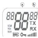 a = kanał, b = kod CTCSS - jest wyświetlany jeśli jest przesyłany - jest wyświetlany jeśli jest odbierany - Głośność głośnika - funkcja blokady przycisków włączona - Wskaźnik stanu baterii - Tryb VOX