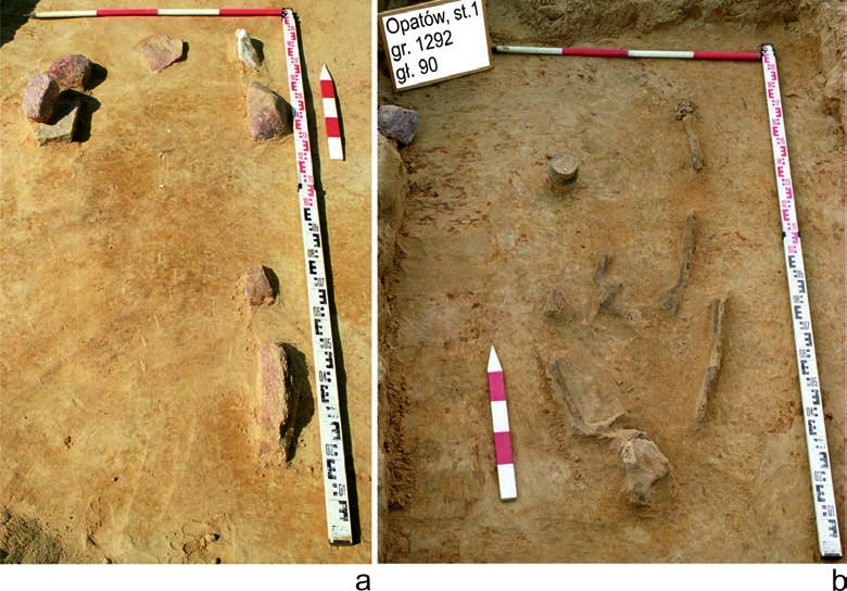 The biritual cemetery of the Bronze Age from Opatów, site 1, Kłobuck distr., Śląskie voiv. the study 31 Fig. 5. Opatów, site 1, Kłobuck dist., Śląskie voiv. Inhumation grave No 1292: a stone kerbs of the pit grave, depth 70 cm, b grave pit, depth 90 cm Ryc.