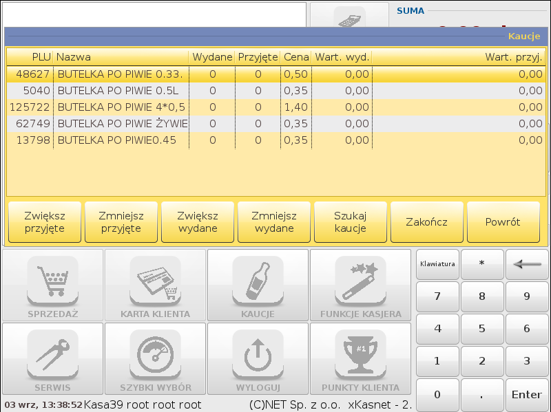 Opis funkcji menu Rysunek 3.3. Okno z dostępnymi kaucjami Jeśli towar dodany do paragonu posiada kaucję to automatycznie zostanie zwiększona ilość kaucji wydanych razem z tym towarem.