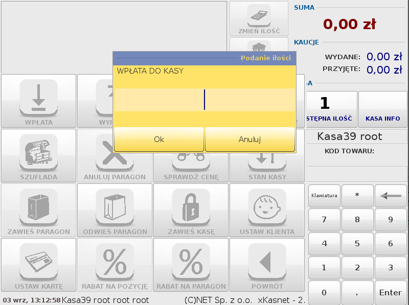 Opis funkcji menu Rysunek 3.4. Wpłata do kasy. 4.2. Wypłata Wypłata z Kasy. Analogicznie do wpłaty tutaj podajemy wartość jaką chcemy wypłacić z kasy.