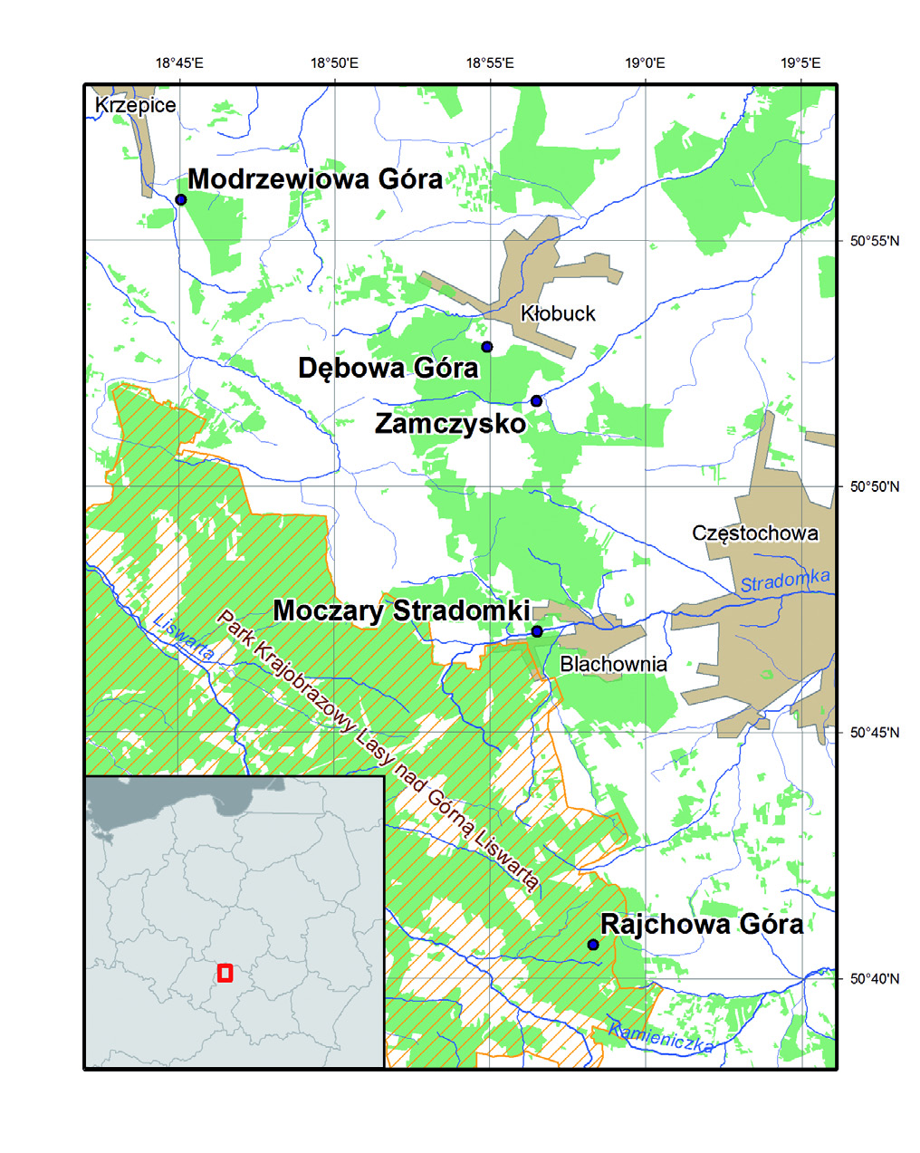 Ryc. 1. Rozmieszczenie badanych rezerwatów przyrody na obszarze Wyżyny Woźnicko-Wieluńskiej. Fig. 1. Distribution of examined nature reserves within the area of Woźniki-Wieluń Upland.